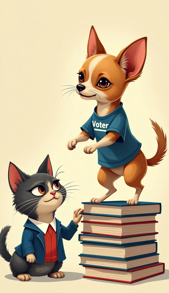 Image 4: The Chihuahua, in a "Voter" shirt, attempts to cast a vote by standing on a stack of books to reach the ballot box. The cat, dressed as a school teacher, looks on with a raised eyebrow and a smirk.