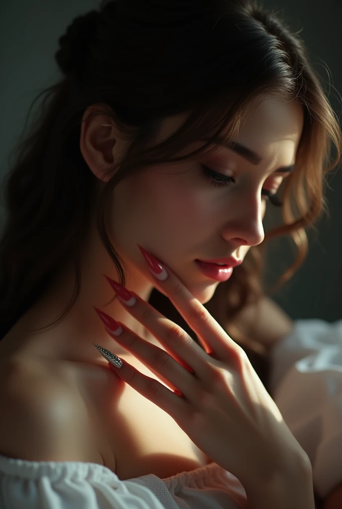 A women scratching skin with beautiful long nails