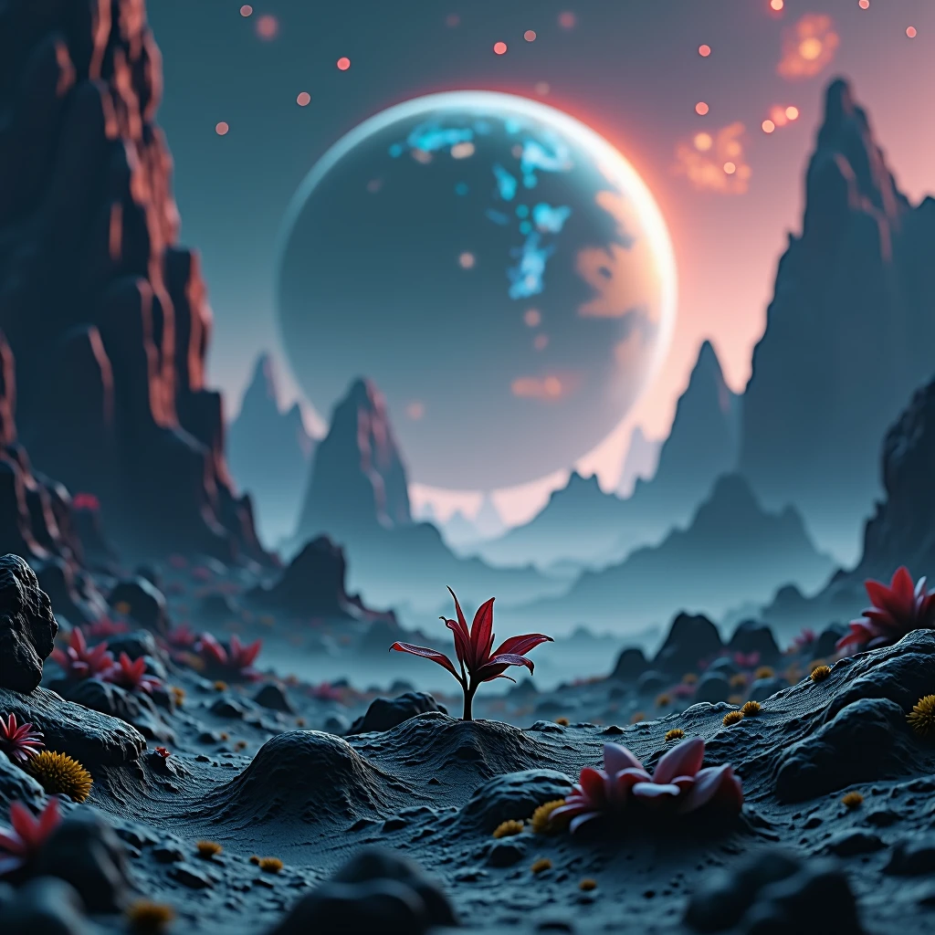 High definition and realistic 85K image under the surface of an unknown planet a small plant in the background in the sky the image of a planet and much further away the image of a galaxy