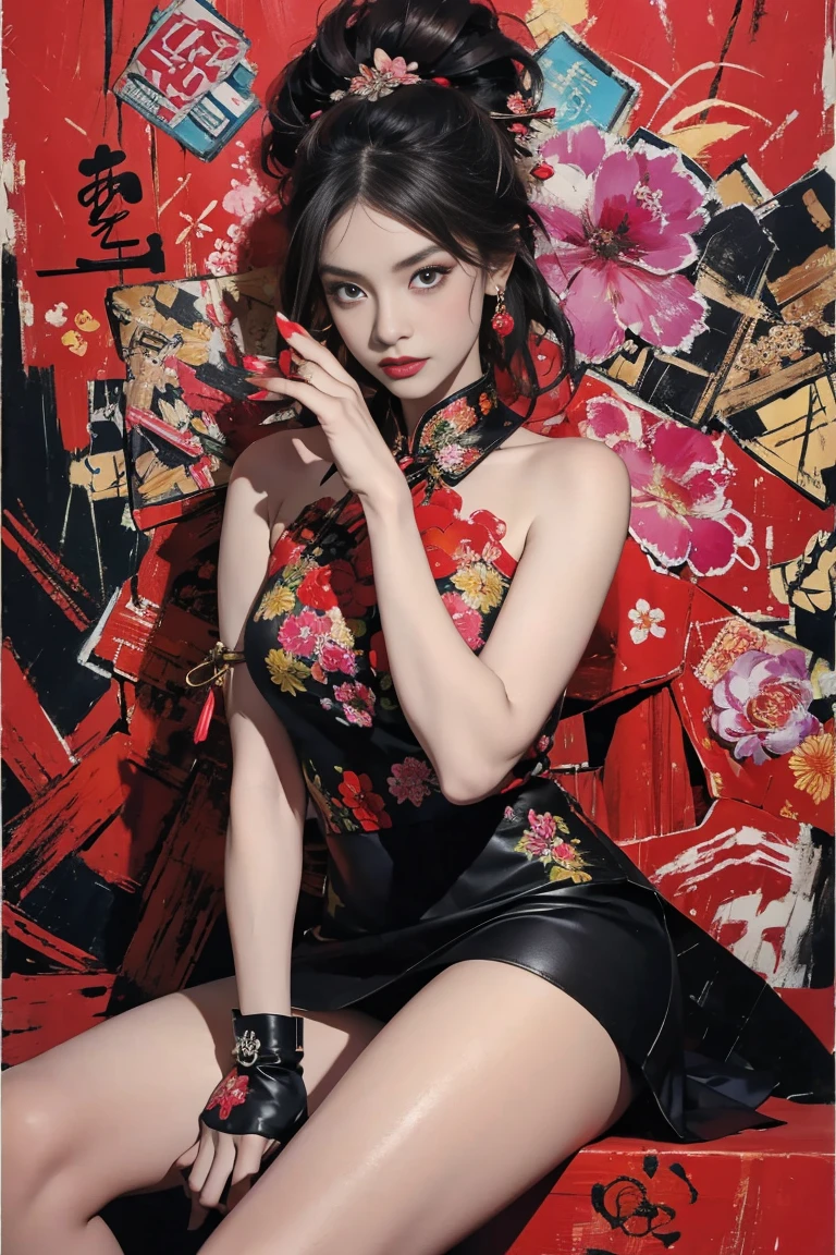 (masterpiece:1.2, best quality), (Vogue magazine cover), bold cheongsam reimagined with punk elements, short flared skirt, black leather accents, metal studs on the collar, (graffiti-style traditional patterns on the fabric), (model wearing fingerless gloves—one lace, one leather), (combat boots with floral embroidery), (background is a blend of urban street art and traditional Chinese calligraphy, with neon lights softly glowing).
