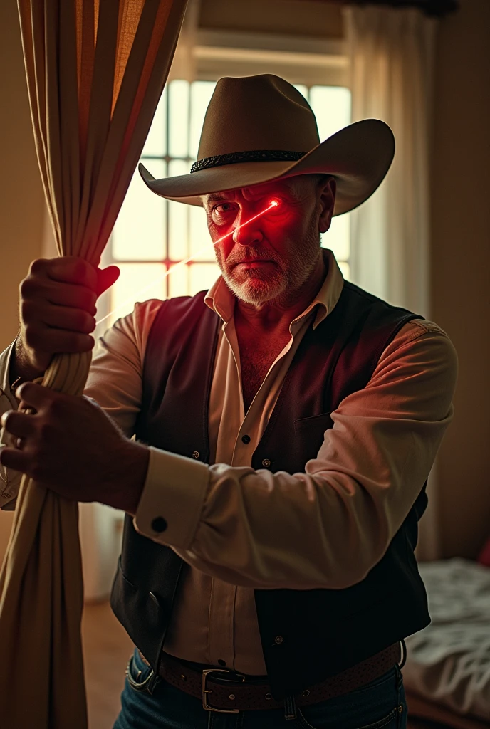 Cowboy from hell who resembles Yul Brynner in Westworld in his living room. He is firing a laser beam from his eye to cut fabric for a new curtain. In the backround is a window that has no curtain. Hyper real, 35mm photograph. 