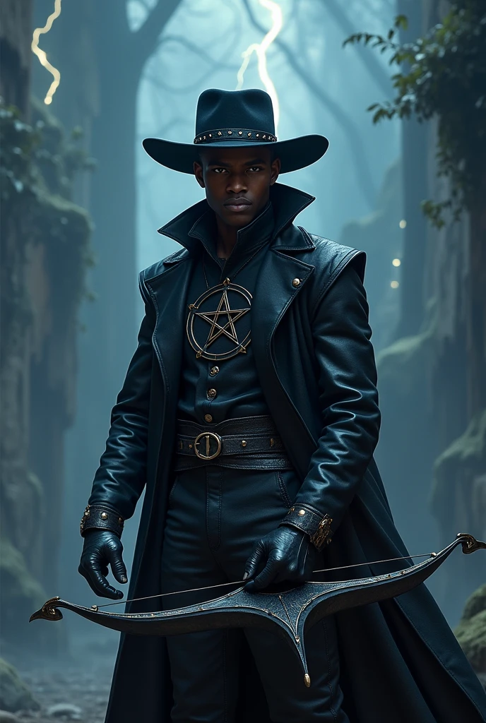 A young black man, wearing a black leather overcoat and a black leather hat, is holding a crossbolt, dark magical background, he has a coat of arms in the shape of a pentagram