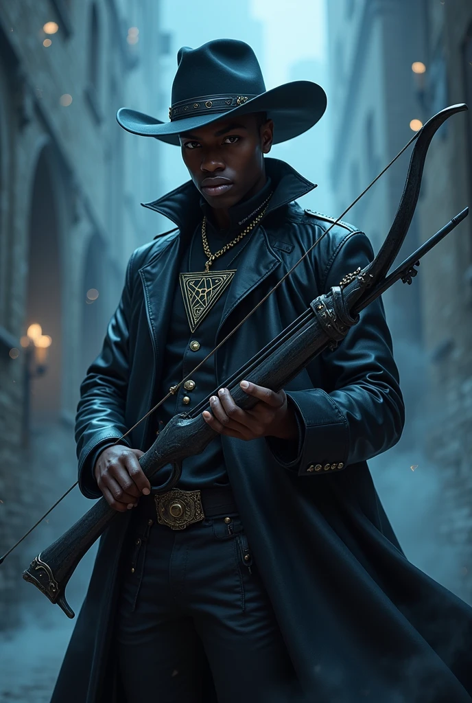 A young black man, wearing a black leather overcoat and a black leather hat, is holding a crossbolt, dark magical background, he has a coat of arms in the shape of a pentagram
