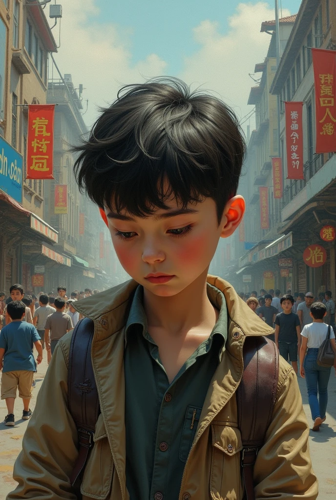 Create good figurative images for a body of painting with 6 pieces, with this story; a story of a quiet boy born into a noisy world, who doesn't speak much but when he does, its a real moment of wow