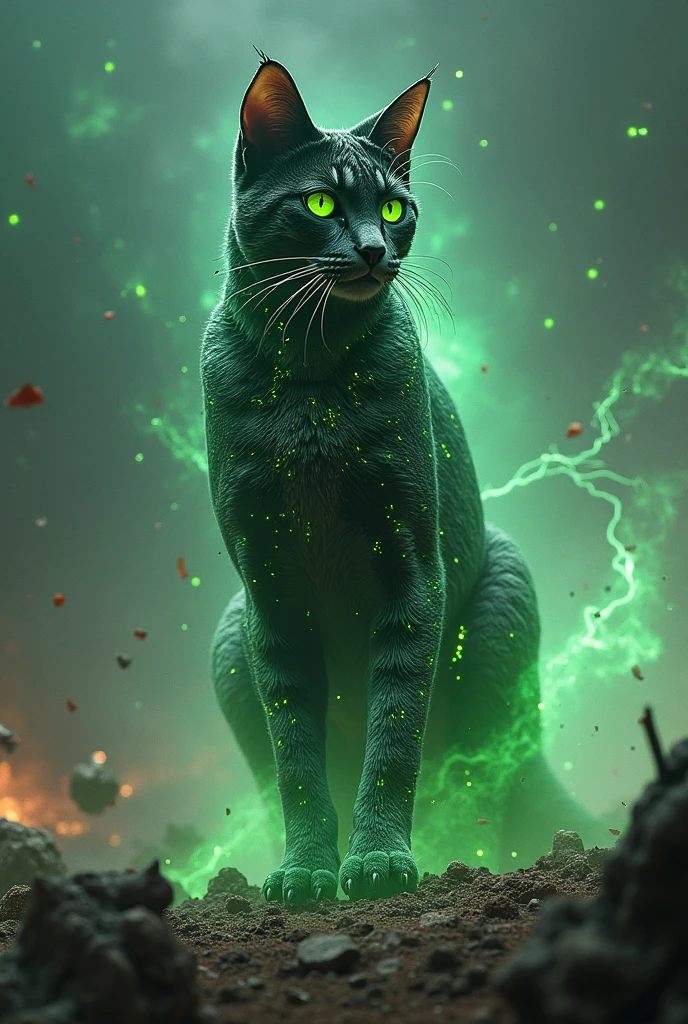 The cat with green glowing wires around it destroys spaceships in the universe with its power.