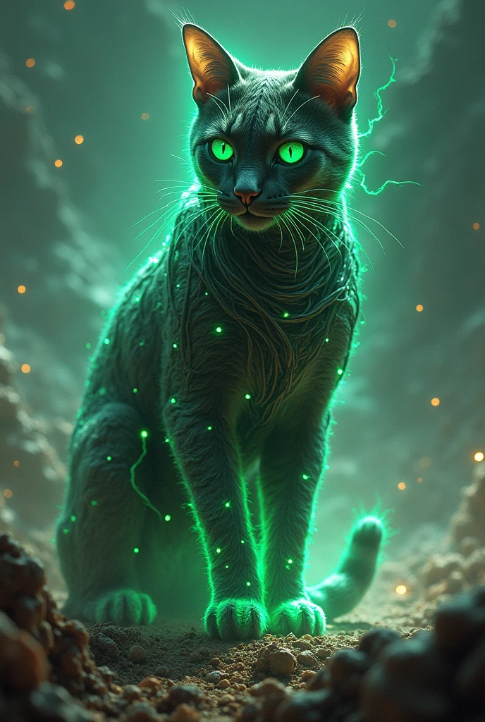 The cat with green glowing wires around it destroys spaceships in the universe with its power.