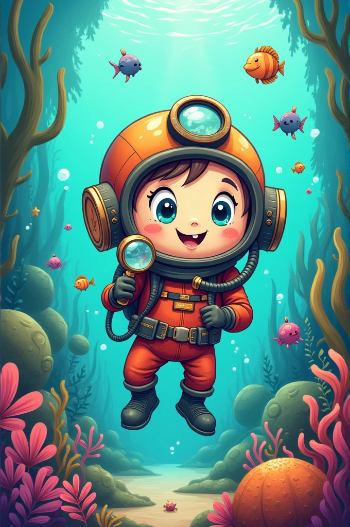 Make it like a cartoon, a diver with a magnifying glass exploring the sea