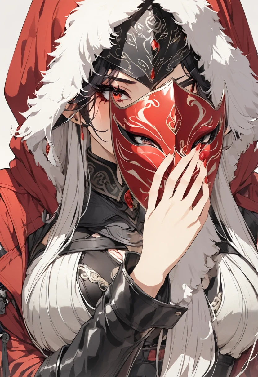 a tall elf woman, leather clothes, waist-length red coat, mask covering half of face, hooded