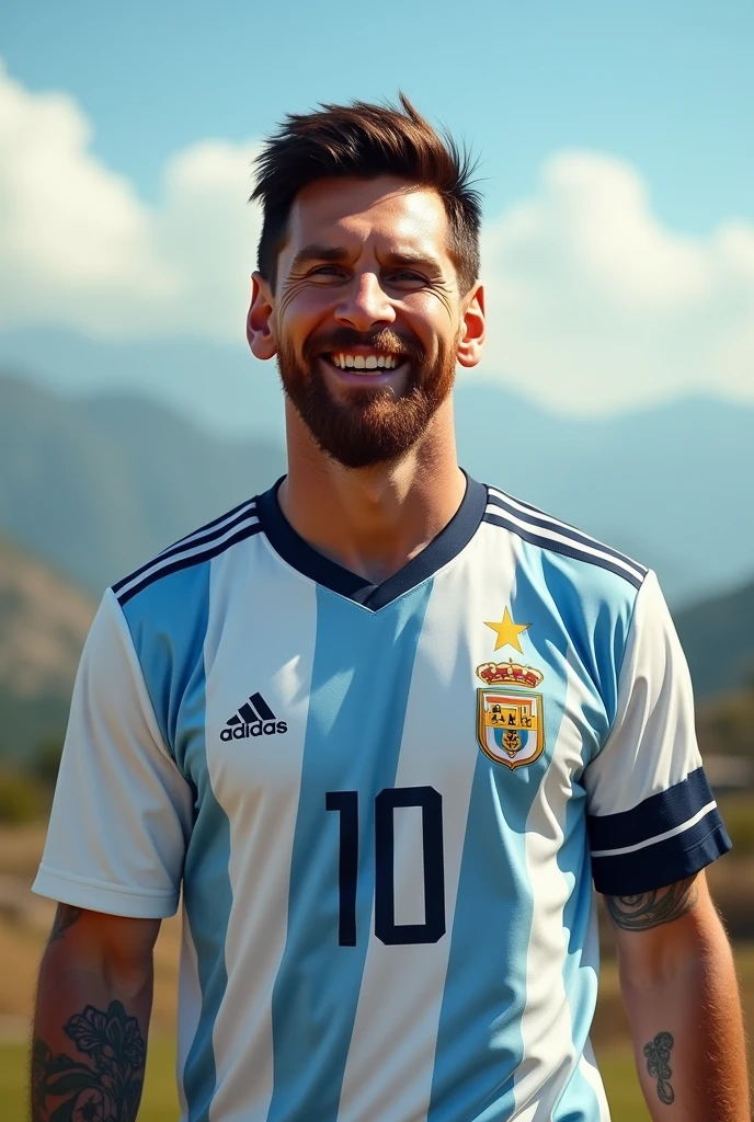 Leo Messi smile, the background is beautiful ,give Argentina suit, real photo