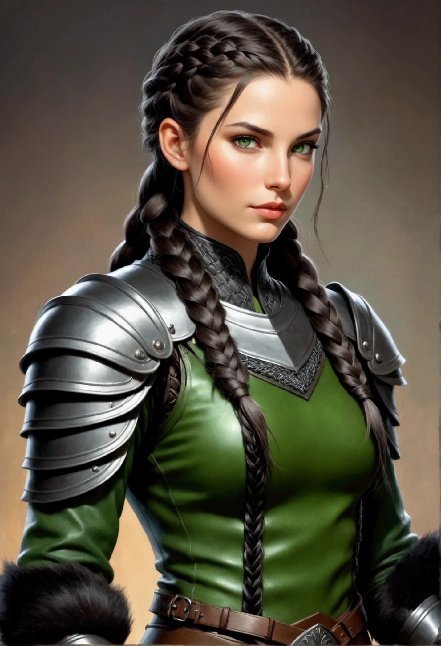 A pretty woman, short stature, with lush, almost black in color, hair, which he braids tightly, thick braid. dressed in leather armor. slim, prominent chest. green eyes, Cunning, even with a hint of mischief. Her skin is light, in places covered with soft, dark, smooth fur