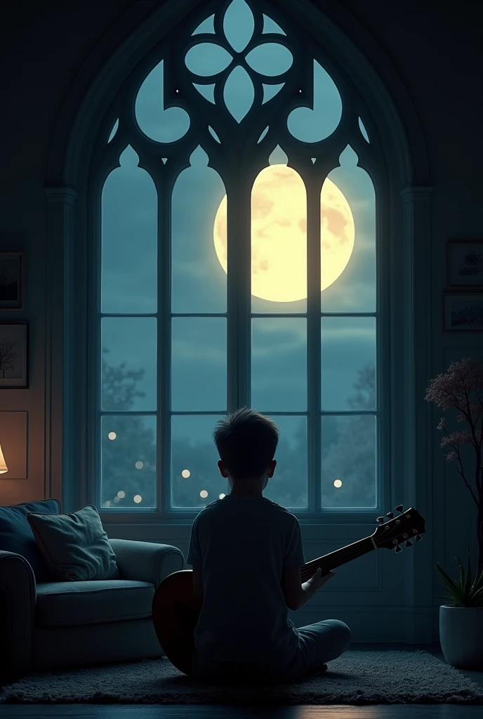 A boy who is listening a music in the middle of the night. There a a window and in the window has a moon with full moon bright.
A norman window. Boy =