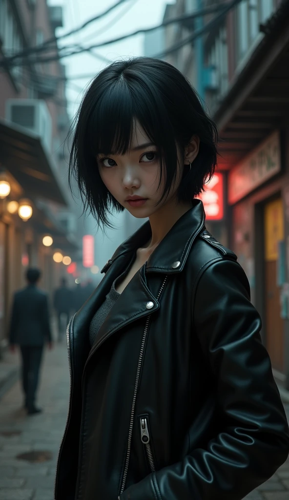 (1girl, Japanese, 4, short black hair, (leather jacket), serious expression, (street background))