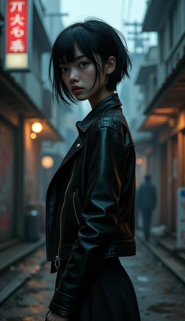 (1girl, Japanese, 4, short black hair, (leather jacket), serious expression, (street background))