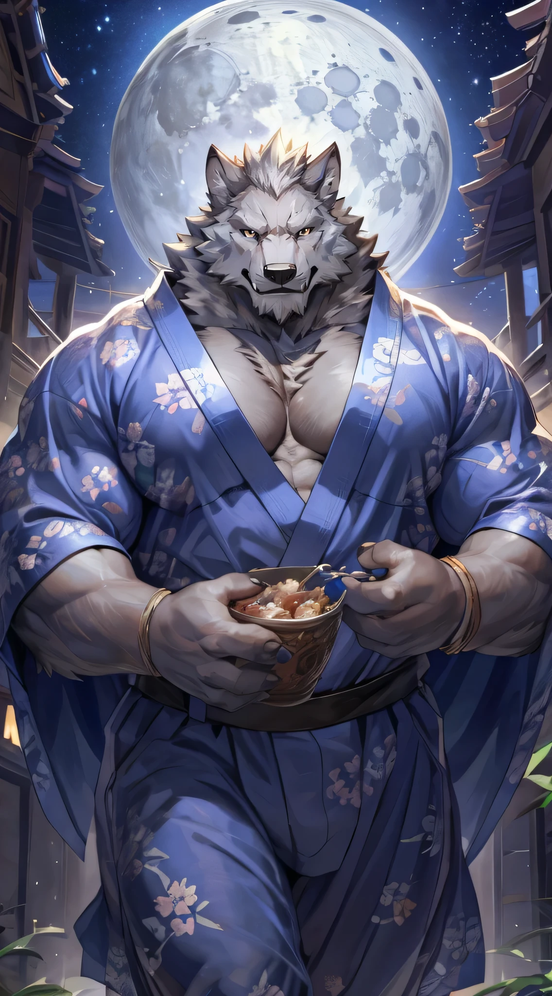 solo,masterpiece,high quality,(detailed eyes),furry male wolf,((blaidd)),huge muscular,huge body,looking at viewer,anime,looking viewer,showing muscle,((yukata)),night,moon,grow,(by null-ghost),by pino daeni