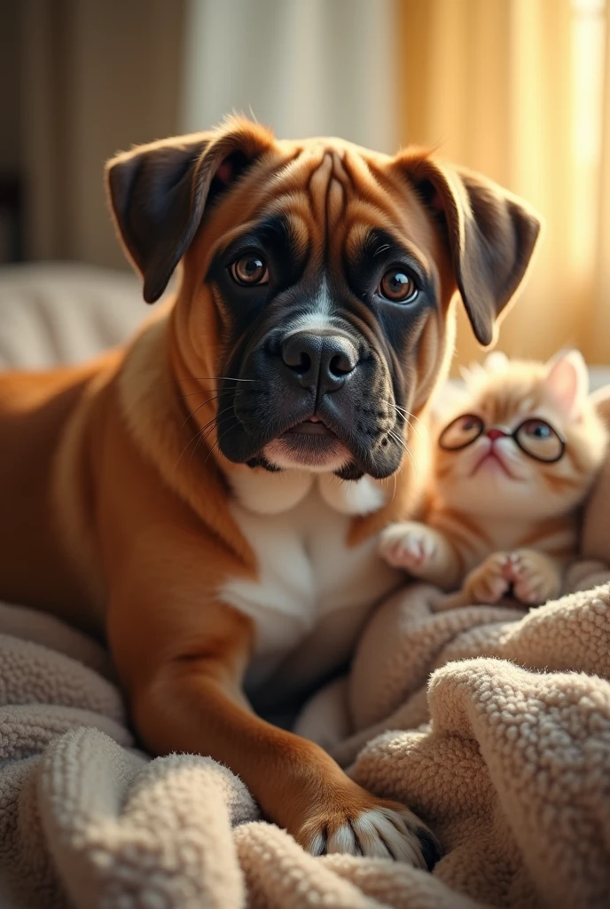 a boxer dog died and is in heaven, like a angel, a Siamese cat who was his good friend is on earth, looking up missing his friend