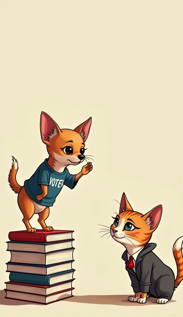 Image 4: The Chihuahua, in a "Voter" shirt, attempts to cast a vote by standing on a stack of books to reach the ballot box. The cat, dressed as a school teacher, looks on with a raised eyebrow and a smirk.