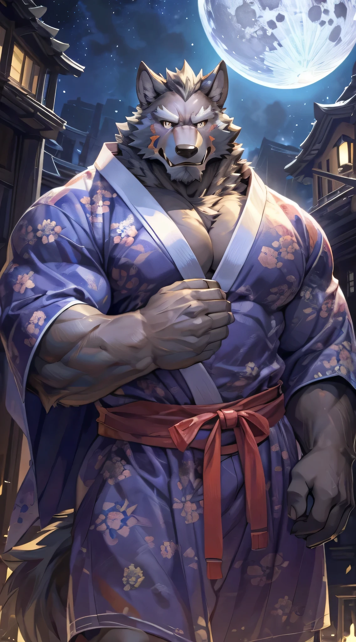 solo,masterpiece,high quality,(detailed eyes),furry male wolf,((blaidd)),huge muscular,huge body,looking at viewer,anime,looking viewer,showing muscle,((yukata)),night,moon,grow,(by null-ghost),by pino daeni