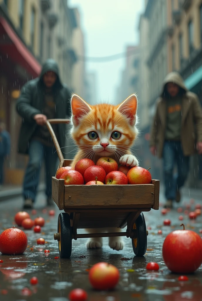 Kitten pulls cart selling apples in stormy weather.Kittens pull very tired.There was a gang of thugs spilling apples on the street.,make the kitten sell nothing.The kitten looked on helplessly.

