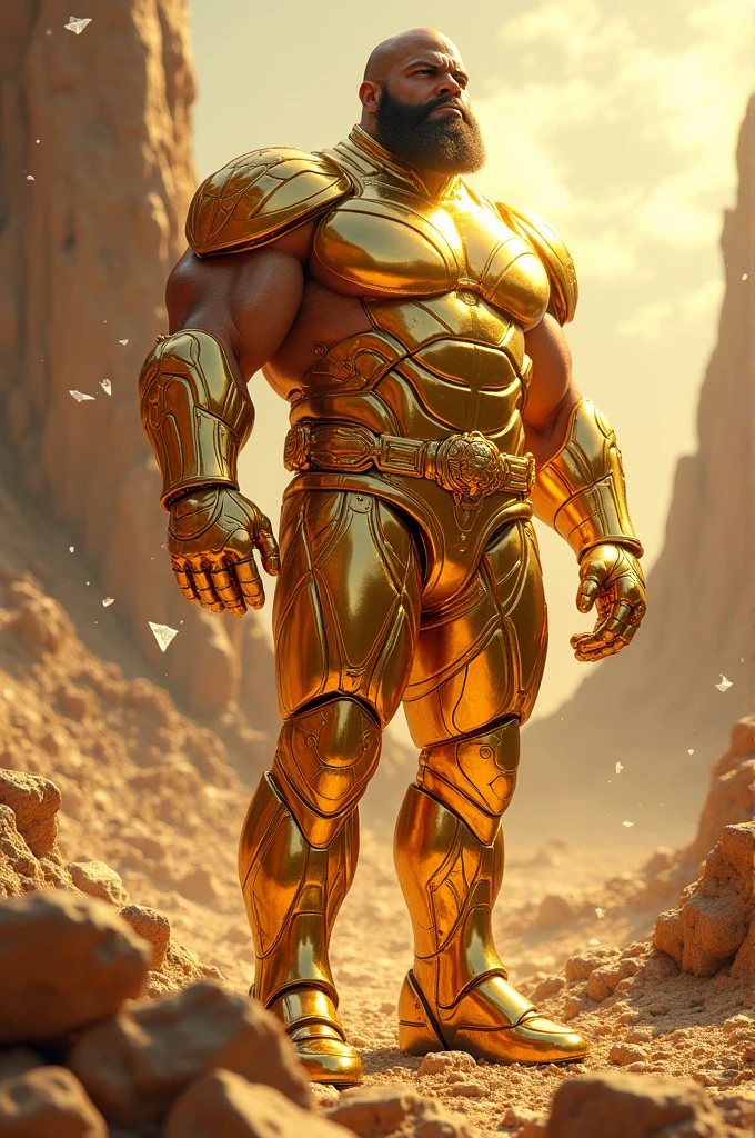Create Elon muck strongman with a suit full of gold arriving on a new planet full of diamonds