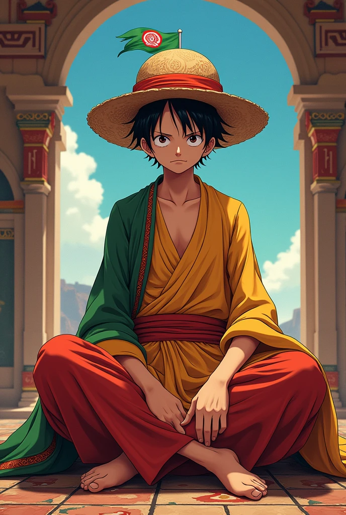 **“Luffy from *One Piece* sitting in kameez shalwar and an Afghan hat, with a small Afghanistan big flag drawn on his face, and an Afghan cultural background.”**