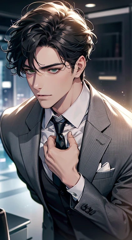 (Highest quality,4K,8K,High resolution,masterpiece:1.2),Super detailed,(Realistic,photoRealistic,photo-Realistic:1.37),1 personld,Mature Men,Beautiful skin、very handsome,Expressionless,Short gray Black hair,green eyes,Sharp Eyes,A perfect face without a doubt,Businessman, CEO, Office Background,Cinema Lighting,HDR image,tie、