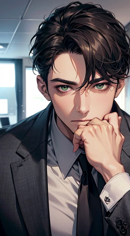 (Highest quality,4K,8K,High resolution,masterpiece:1.2),Super detailed,(Realistic,photoRealistic,photo-Realistic:1.37),1 personld,Mature Men,Beautiful skin、very handsome,Expressionless,Short gray Black hair,green eyes,Sharp Eyes,A perfect face without a doubt,Businessman, CEO, Office Background,Cinema Lighting,HDR image,tie、