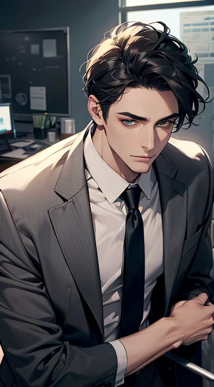 (Highest quality,4K,8K,High resolution,masterpiece:1.2),Super detailed,(Realistic,photoRealistic,photo-Realistic:1.37),1 personld,Mature Men,Beautiful skin、very handsome,Expressionless,Short gray Black hair,green eyes,Sharp Eyes,A perfect face without a doubt,Businessman, CEO, Office Background,Cinema Lighting,HDR image,tie、