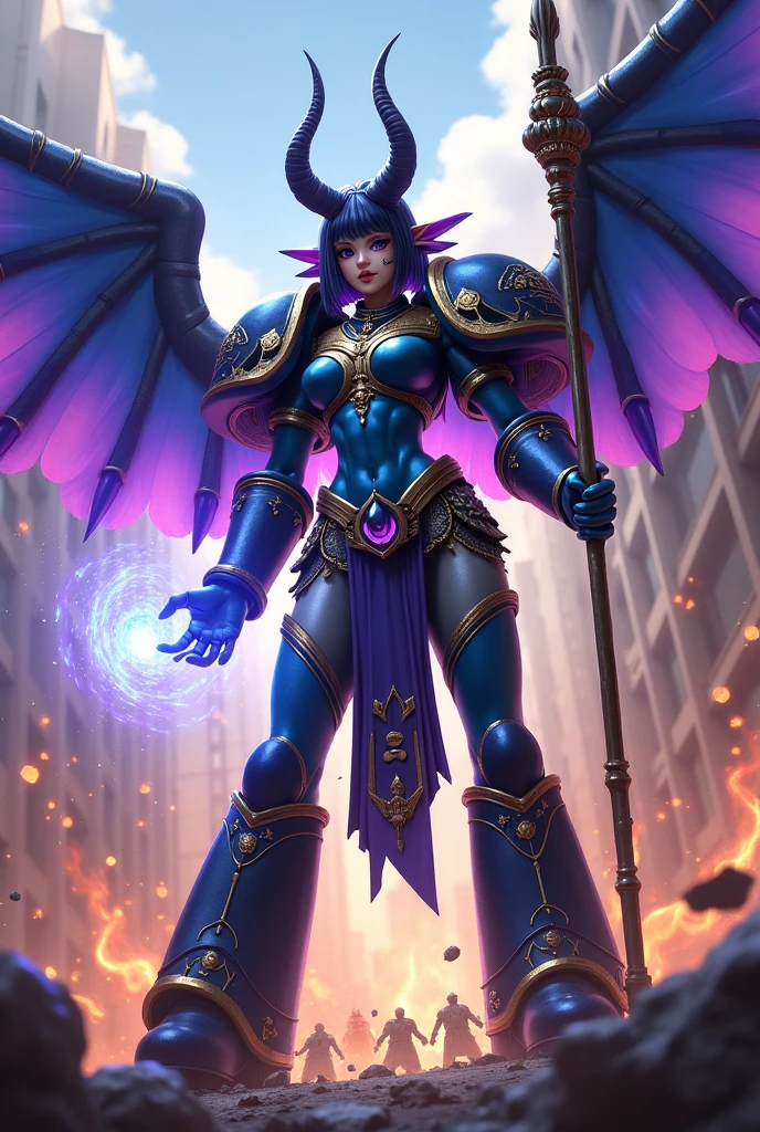 masterpiece, Best Quality, ultra detailed, animated style, fighting, Chaos Space Marine Girl Full Body., blue full servo armature, Purple markings with gold trim, Headdress in the shape of two long horns with purple eye details,.Eye tattoos on left cheek., Egyptian style accessory and holds the sorcerer&#39;s staff., wearing jacked up boots, Supernatural flame and lightning., standing on the battlefield, Warhammer 40K, 8K high resolution, trend art station, destroyed city background, gunshots and soldiers in the background, whole body, tall girl, Large blue wings at the base, purple at the tip,. short hair., casting magic,.