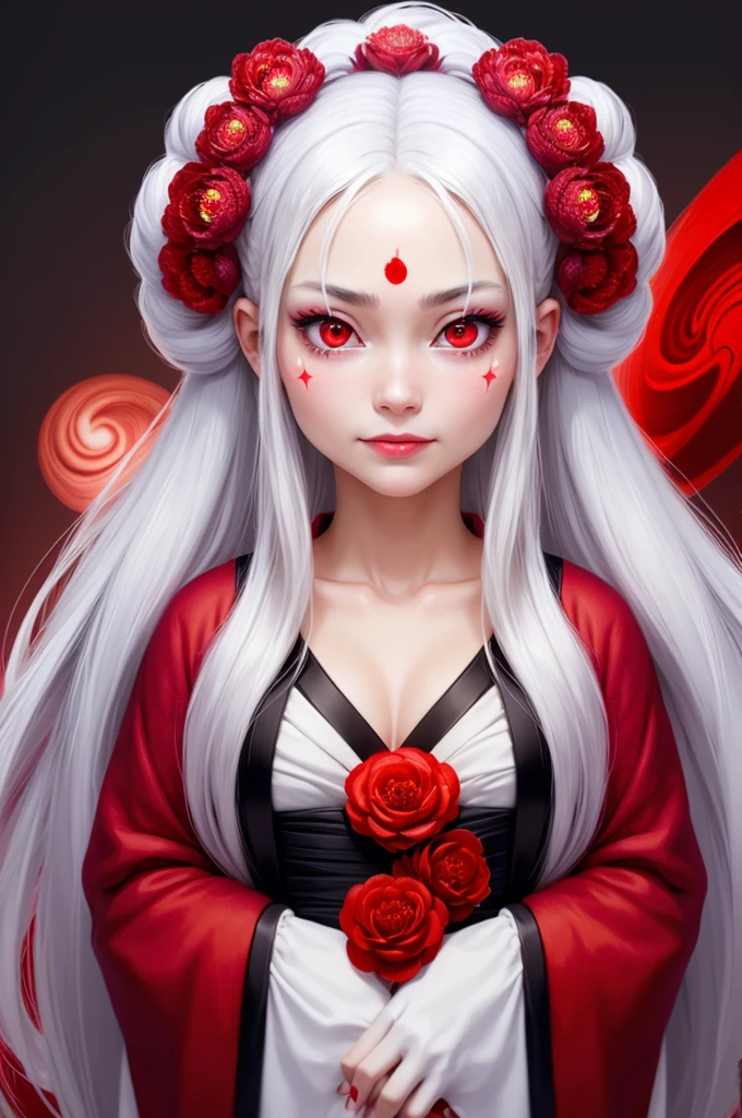 A masterpiece of the highest quality, 1 girl, One, White hair, japanese clothing, kimono, long hair, I look at the viewer, ((Red eyes)), smile, sparkling eyes, ((hands on your own face)), ((blood swirl)), (yandere:1.4), (sparkling eyes:1.4), Crazy eyes