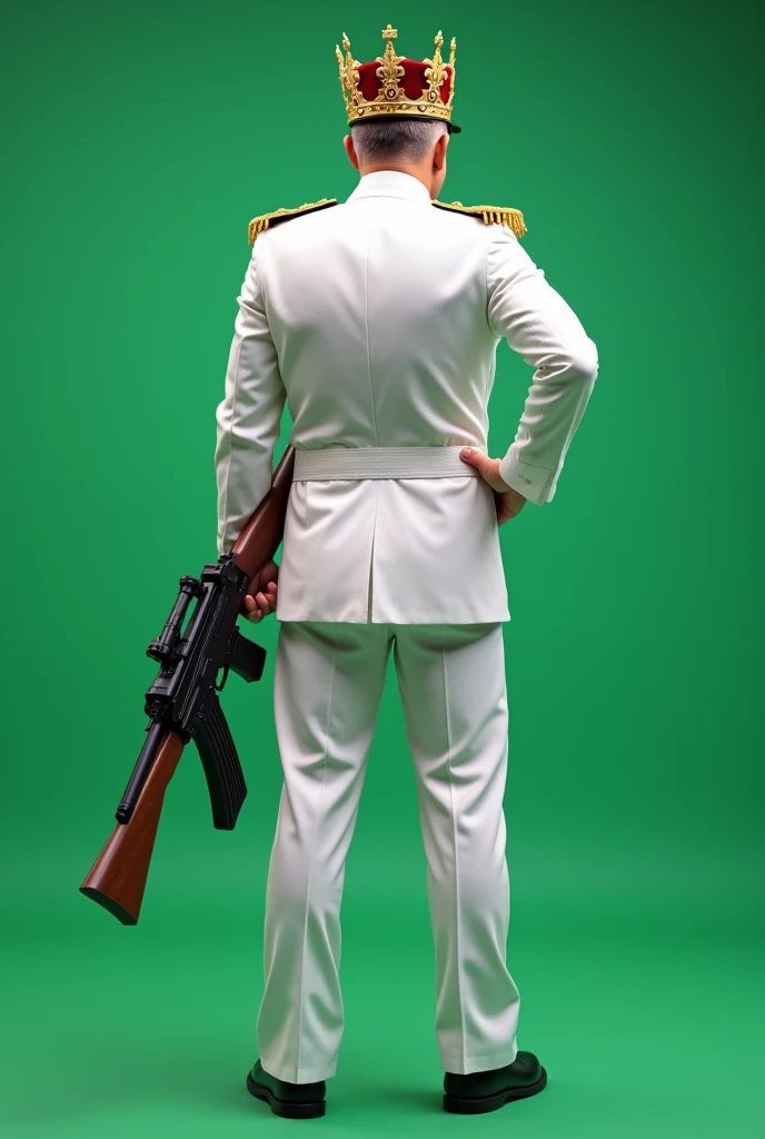 Rear viewed, Military governor general standing, Male, King's crown on head , white uniform, With a big gun in hand , plain green screen background
