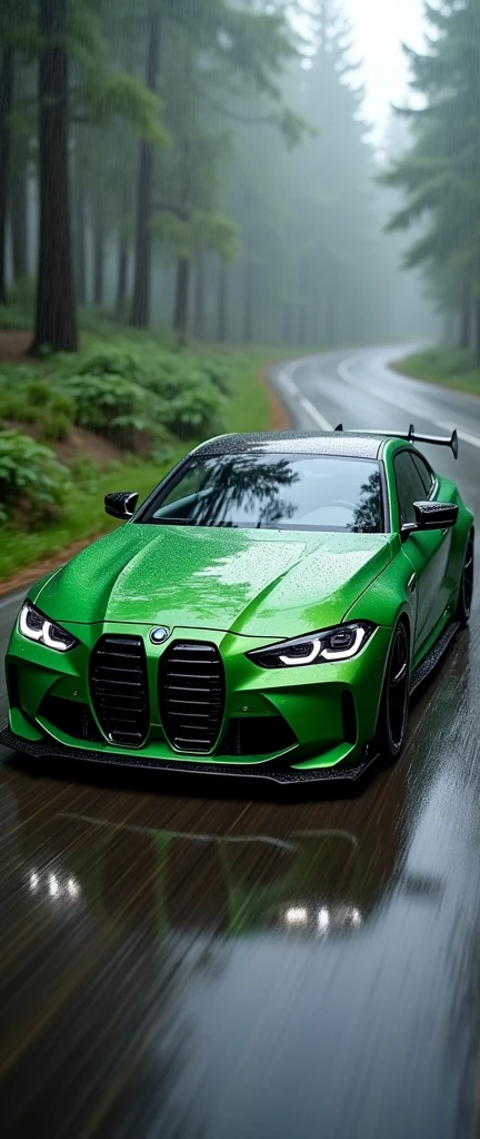 Bmw M4 competition green colour on forest road with rain