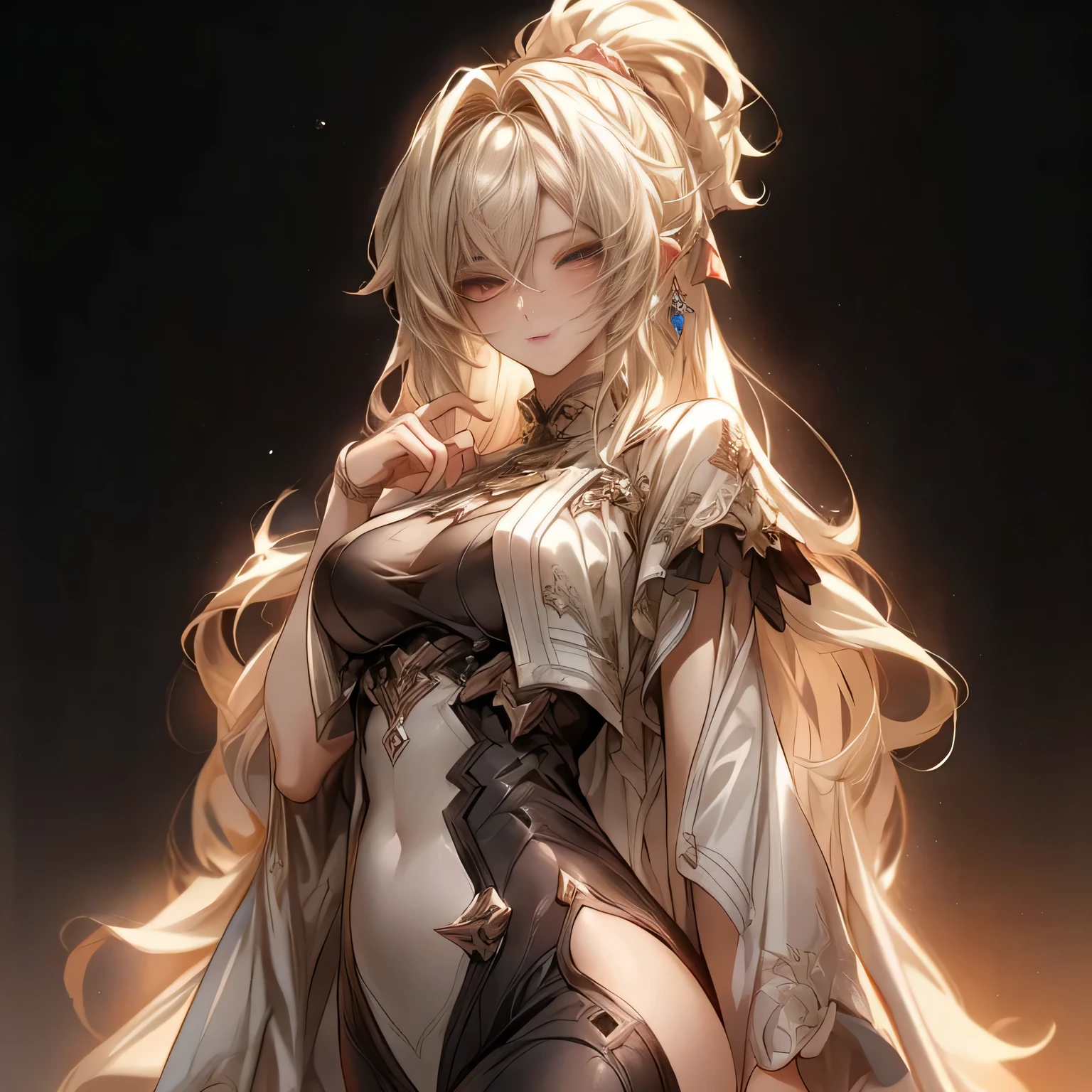 (best quality)), ((Masterpiece)), (details:1.4), 3d, HDR (high dynamic range), an image of a beautiful cyberpunk female, medieval, Hips up, Blonde hair, High ponytail, White eyes, จมูกโด่ง, ปากแดง, หน้าอกใหญ่, nvidia RTX, PBR surface, After processing, Anisotropic filtration,depth of field, Maximum clarity and clarity, multi-layered surface, Subsurface scattering, perfect proportions, 8K raw files, ultra detailed, Perfect proportions, volumetric lighting, soft lighting, Holy Paladin, Heavy Red Armor, glossy skin, chapel background, jewely, ต่างหู, นิ้วมือสมบูรณ์,