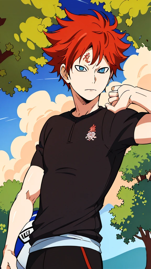 high res, masterpiece, Sabaku no Gaara , red hair, solo, 1boy, male, volleyball court, outside,blue sky, woods, , detailed eyes,