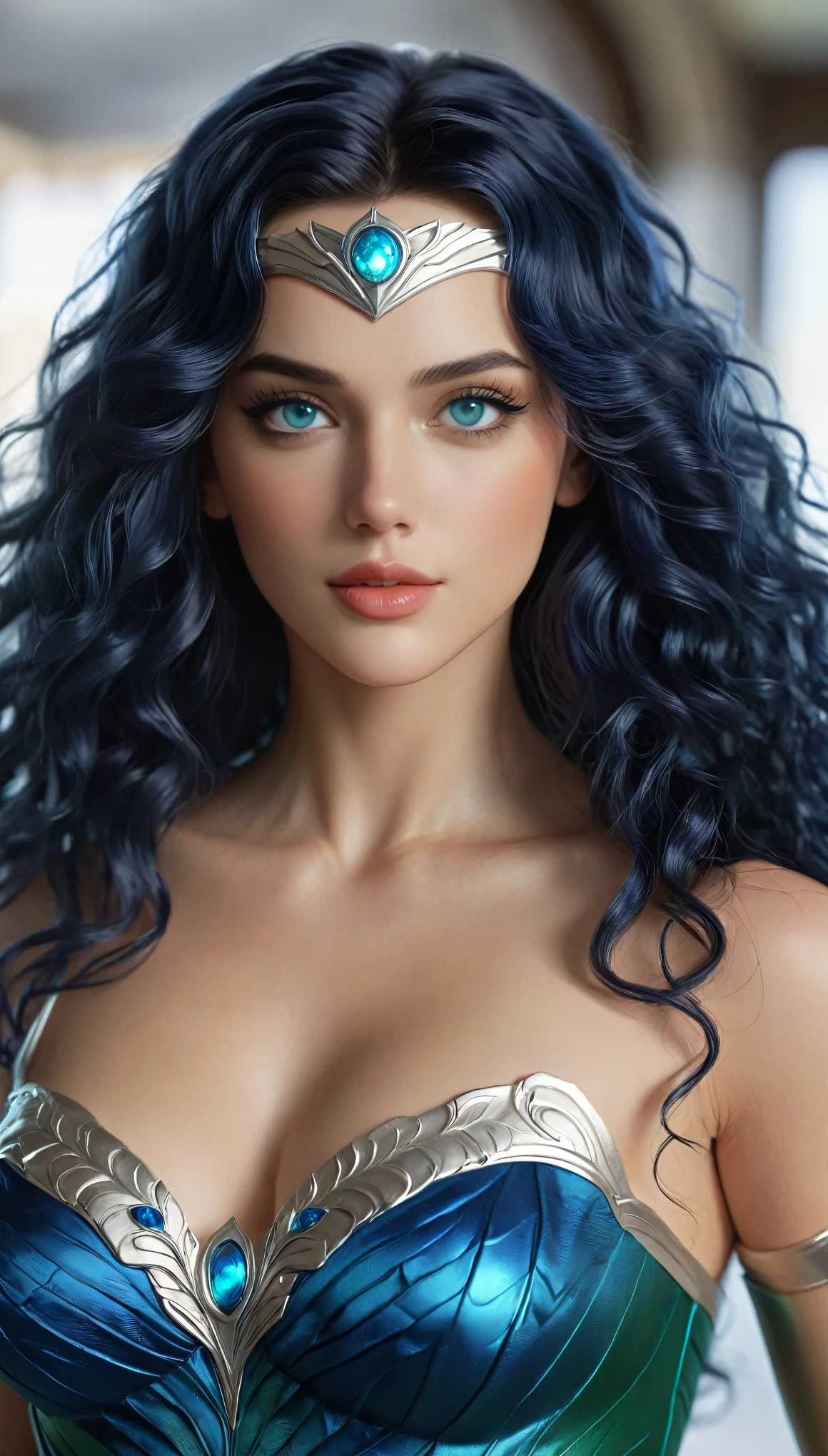 ( Masterpiece, 4k resolution, ultra-realistic, very detailed) A beautiful sexy female superhero who is a demigoddess , blue/green eyes and navy blue hair. , , She wears a wedding dress (Oceania) ( ()) (semi curly hair) 