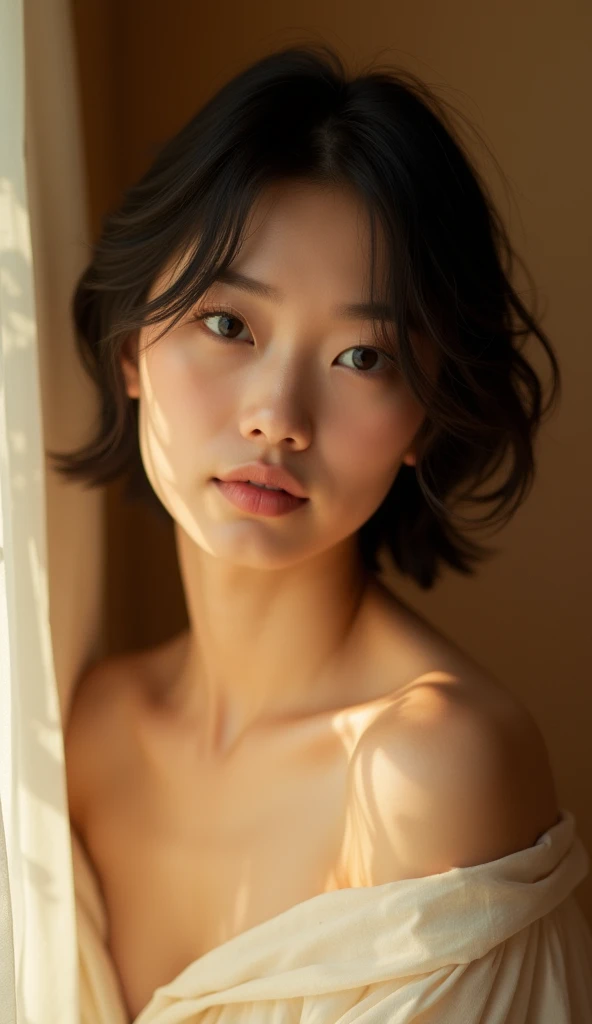 (Best quality, Japanese woman, 4, short black hair, natural look, (minimal makeup), warm lighting)