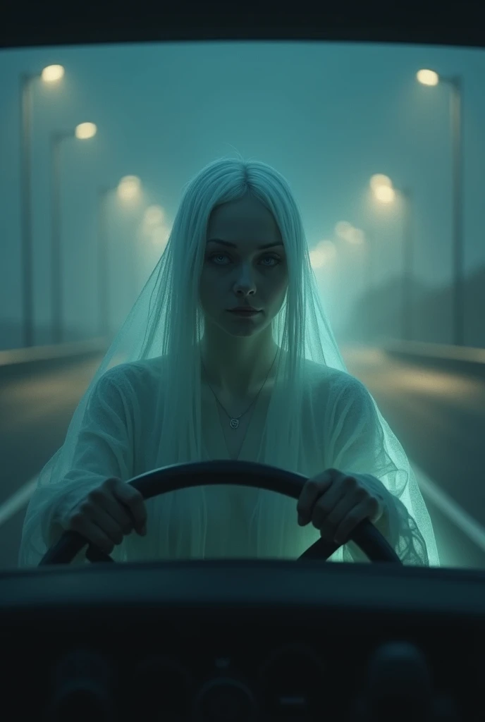 A mannequin with white hair, driving a car
