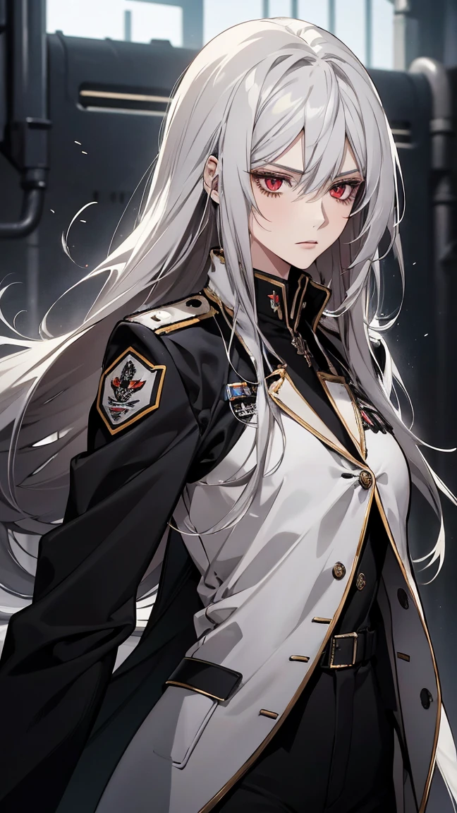 (Confused, High resolution, Very detailed), 1 female, Silver Hair,Long Hair,Bright red eyes,White and black military uniform,27th generation,beauty,mature,thin,quiet,Calm,Stern face,Long coat,Slender and thin,boots,skinny pants,observatory,Small breasts,
