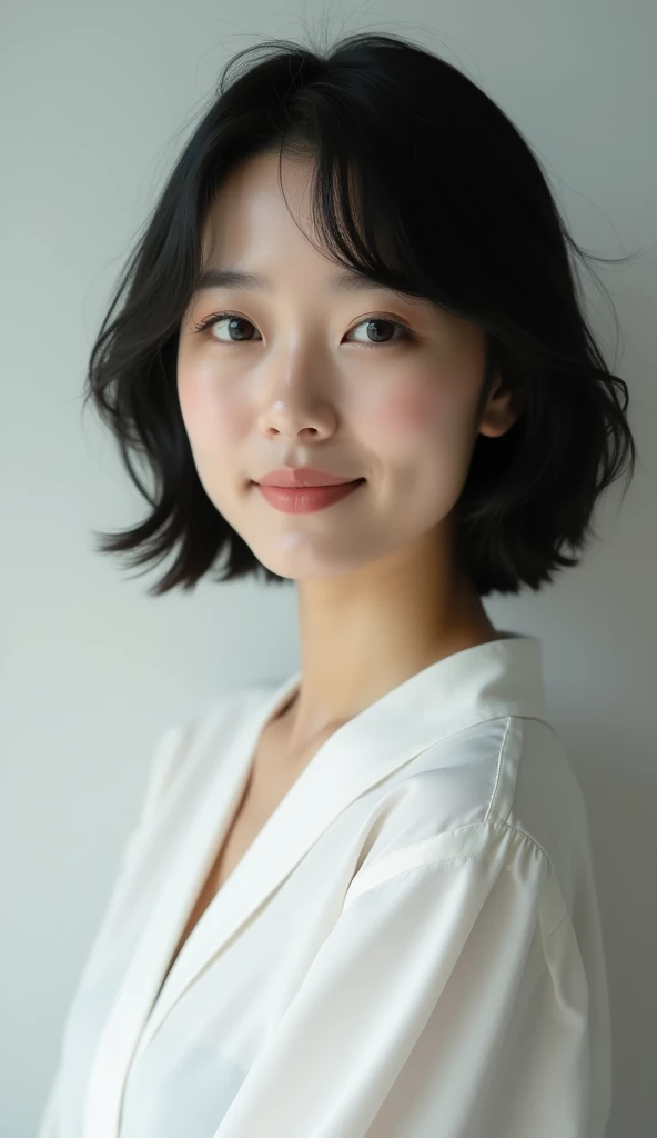 (masterpiece, 1girl, Japanese, 4, short black hair, (wearing a white blouse:1.2), subtle smile, studio lighting)