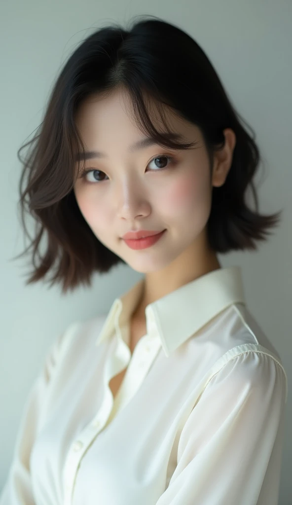 (masterpiece, 1girl, Japanese, 4, short black hair, (wearing a white blouse:1.2), subtle smile, studio lighting)
