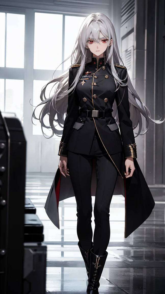 (Confused, High resolution, Very detailed), 1 female, Silver Hair,Long Hair,Bright red eyes,White and black military uniform,27th generation,beauty,mature,thin,quiet,Calm,Stern face,Long coat,Slender and thin,boots,skinny pants,observatory,Small breasts,