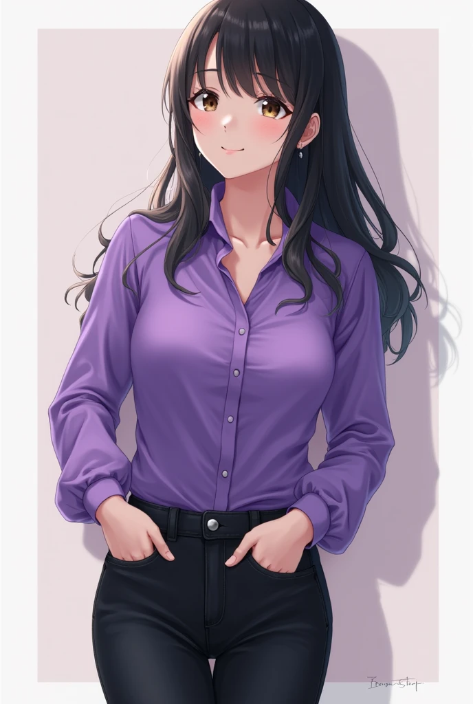 A woman standing, she has a light smile on her face, she has black hair, she wears a purple shirt, a black jeans pants, no background, realistic portrait, anime style