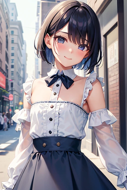 Highest quality, Androgynous male,Cute face,Flat Chest,Short Bob Cut,tutu skirt,Lace blouse,White blouse,Blouse with collar,Ribbon on neck,sleeve,Blue Skirt,Black Hair,Smiling shyly, Blushing, Character portrait, Shooting in the city