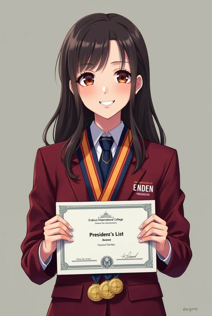 "A pretty lady wearing a maroon uniform with 'Enderun International College' on it is holding a certificate that reads 'President's List Awardee.' With her name Haven Serenity Felizeiana Suarez. She is also wearing three medals and smiling at the camera."