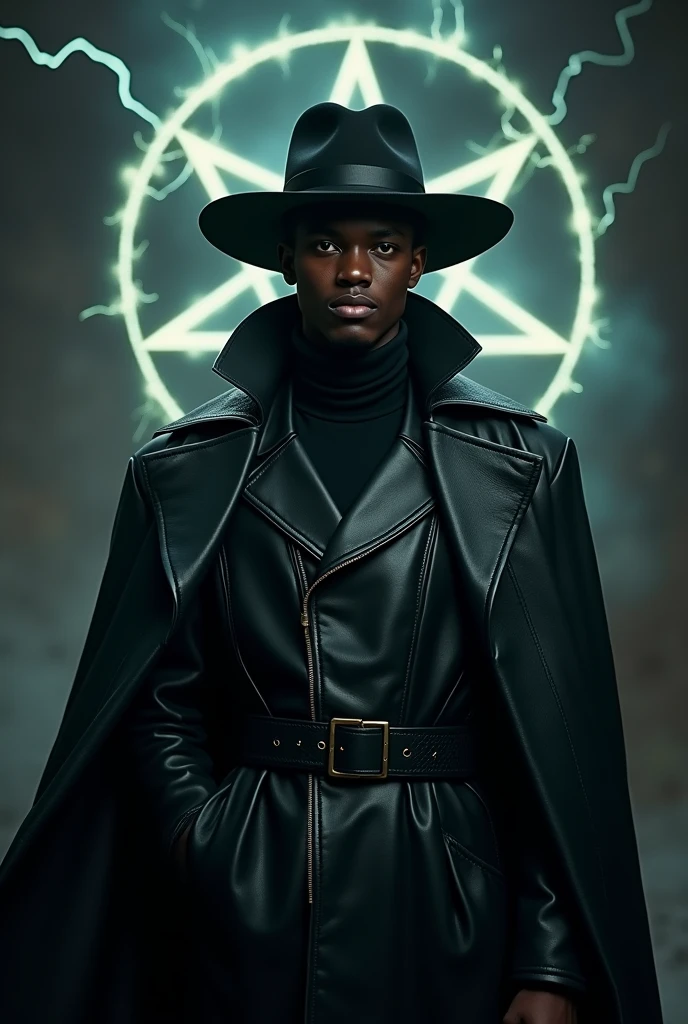 A young black man, wearing a black leather overcoat and a black leather hat, dark magical background, he has a coat of arms in the shape of a pentagram
