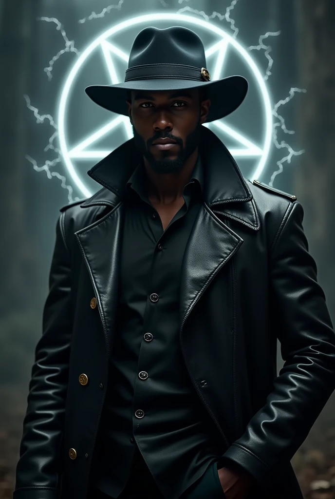 A young black man, wearing a black leather overcoat and a black leather hat, dark magical background, he has a coat of arms in the shape of a pentagram