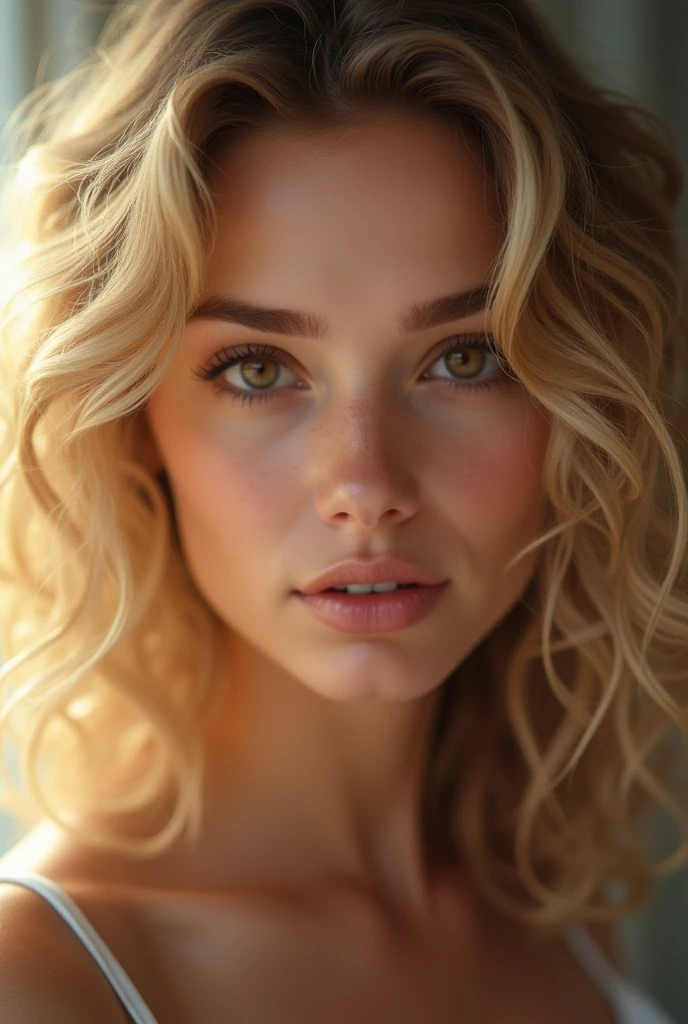 Head in close-up, Facing the camera, blonde woman with curly hair, Brown eyes, fine nose, slightly bronzed complexion