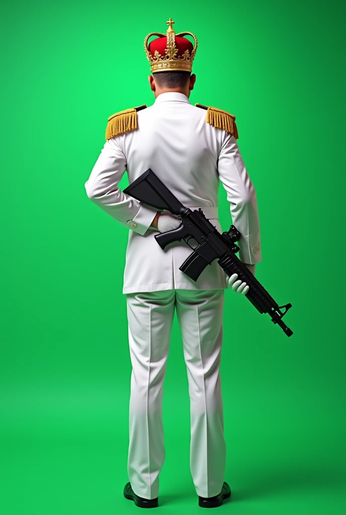 Rear viewed, Military governor general standing, Male, King's crown on head , white uniform, With a big gun in hand ,  plain green screen background 