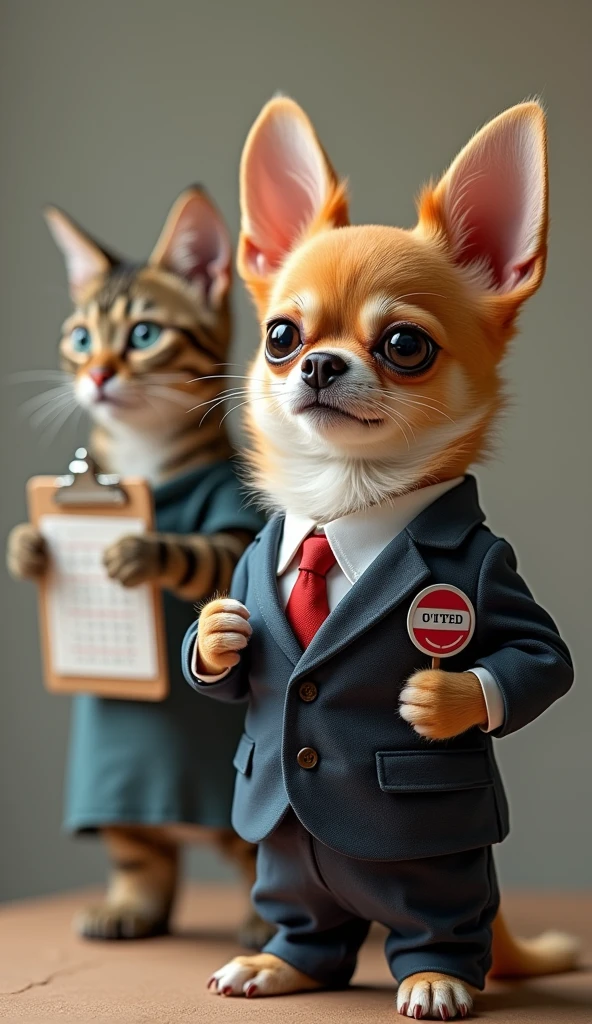 Image 5: The Chihuahua proudly shows off a “I Voted” sticker while wearing a tiny suit and tie. The cat, in a stylish dress, holds a clipboard with a “Vote Tally” sheet, looking unimpressed