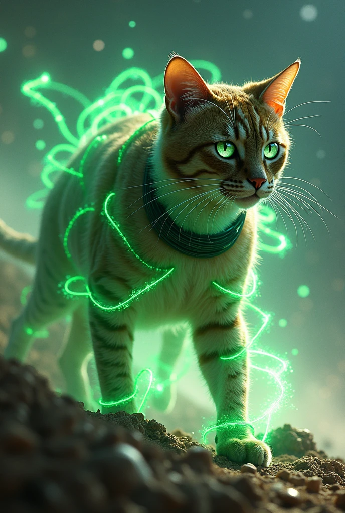 The cat with the green glowing wires around it destroyed the spaceship with a cosmic explosion with its power.