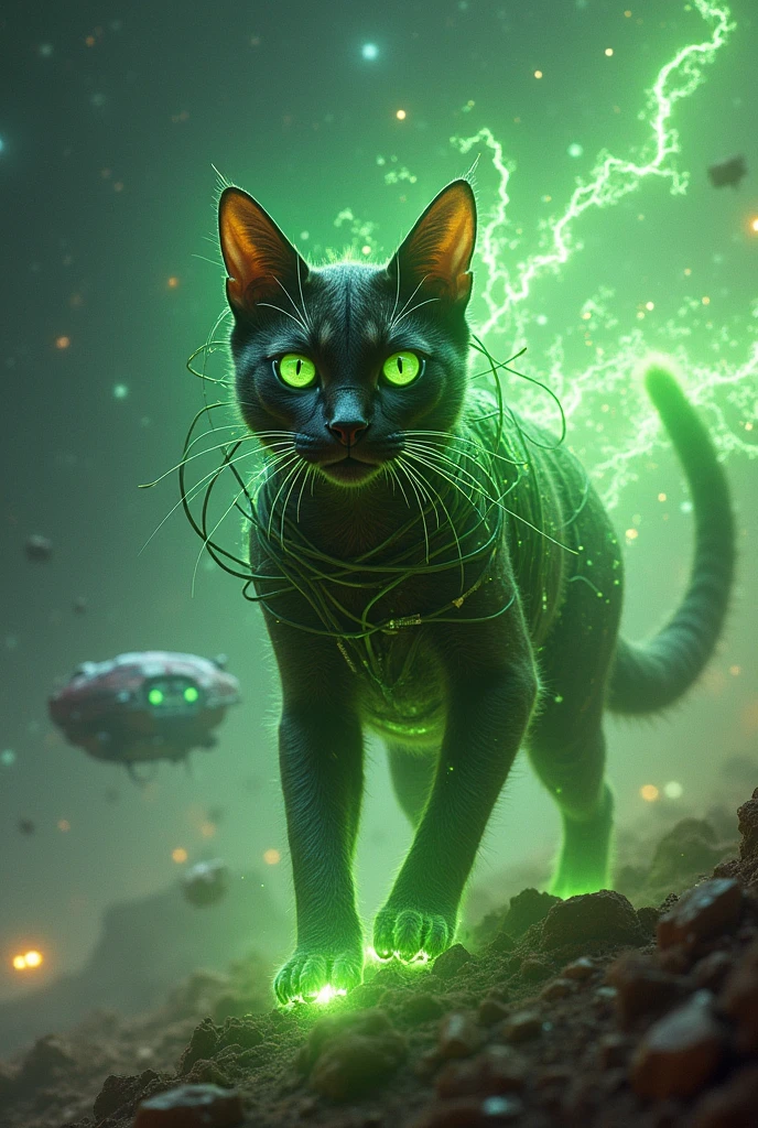 The cat with the green glowing wires around it destroyed the spaceship with a cosmic explosion with its power.